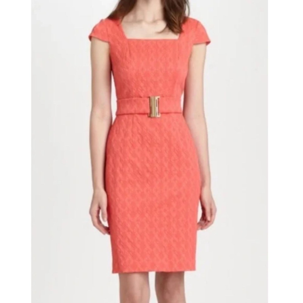 Kay Unger Sheath Dress Womens Size 8 Coral Pink Belted Textured Jacquard Dress